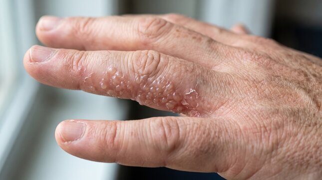 Clusters of dyshidrotic eczema fluid filled blisters spreading along male finger