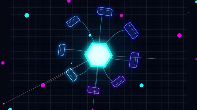 Abstract Hexagon Network Connection with Glowing Lines and Dots on Dark Grid Background