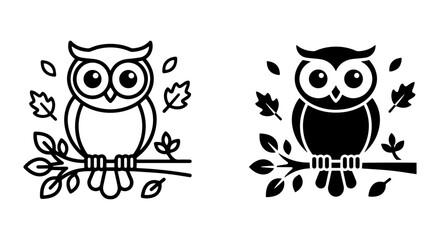 Fototapeta premium Cute Owl Vector Icons, Simple Line Art & Silhouette, Autumn Leaves, Woodland Creature Graphics