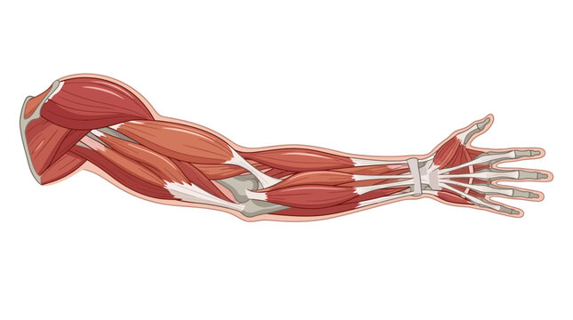 Detailed Medical Illustration of Human Arm Muscle Anatomy Featuring Biceps Triceps Forearm Tendons and Hand Structure Isolated on White Background for Educational and Scientific Use