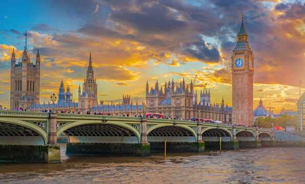 Big Ben and Houses of Parliament at Sunset in London, UK