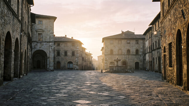 Old European town square at sunrise with ancient stone buildings and cobblestone street bathed in warm golden light