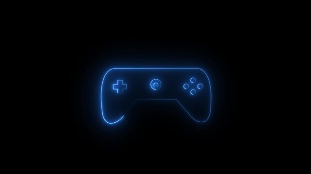 TitleGlowing blue neon video game controller gamepad icon for esports and futuristic gaming interface on dark black background.
