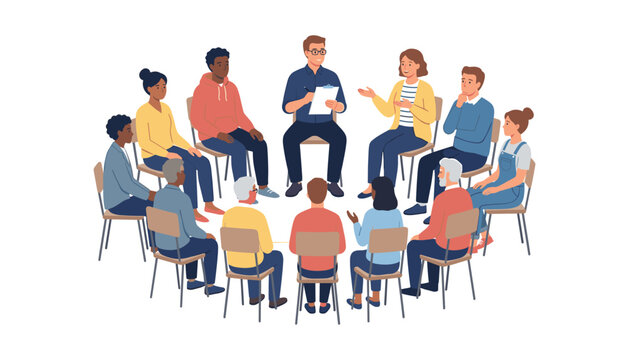 Diverse group of people sitting in circle attending support group meeting sharing stories with therapist flat vector illustration