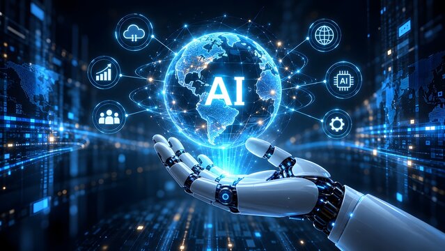 Artificial intelligence global network held by robotic hand representing digital transformation and futuristic technology solutions