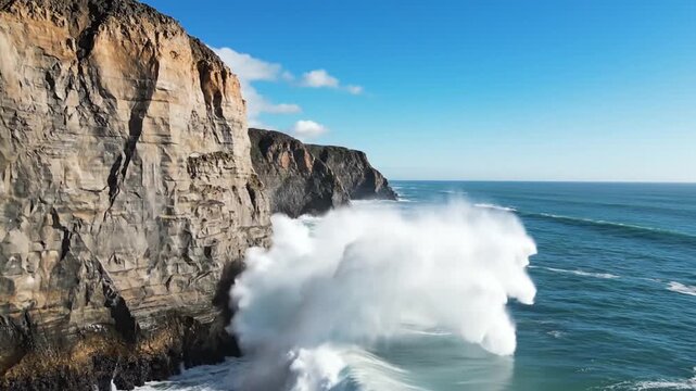 Rugged coastal cliffs face powerful ocean waves crashing ashore