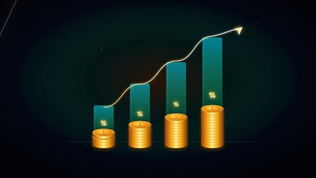 Coin Stacks Rising Interest Rates Stacked money coins and rising arrow representing business growth, financial success, investment returns, profit, revenue increase and economic progress