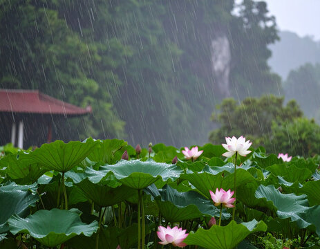 Pink Lotus Flowers Blooming in Serene Pond During Heavy Rain With Lush Green Foliage And Traditional Asian Pavilion in Tranquil Botanical Garden Nature Landscape