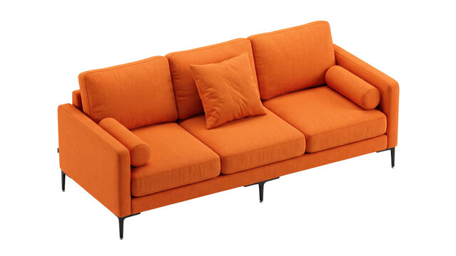Vibrant orange contemporary three seater sofa featuring soft fabric upholstery and sleek black metal legs captured on transparent background