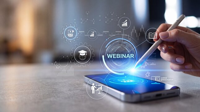 Conceptual image of a hand using a stylus on a modern smartphone with a glowing digital webinar interface, representing online education, e-learning, and professional business training.