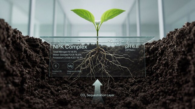 Smart Agriculture Concept Showing a Young Green Plant Growing in Soil with Digital Data Overlay of NPK Nutrients, pH Levels, and Carbon Sequestration for Precision Farming Technology
