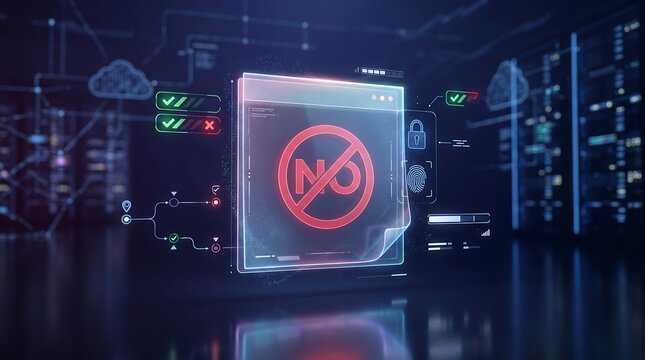 Access denied cybersecurity concept with glowing red restriction symbol and biometric security icons in a modern server room environment