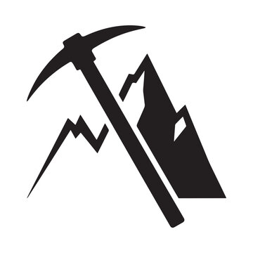 Pickaxe and mountain silhouette against a white background