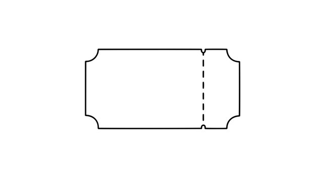 Raffle ticket with perforated stub vector icon illustration, minimalist line art drawing of lottery raffle coupon ticket with tear-off perforation line, simple black outline on white