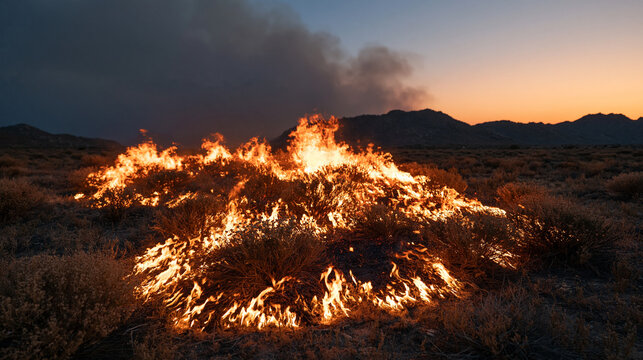 Wild Grass Fire Burning Across Dry Land at Sunset