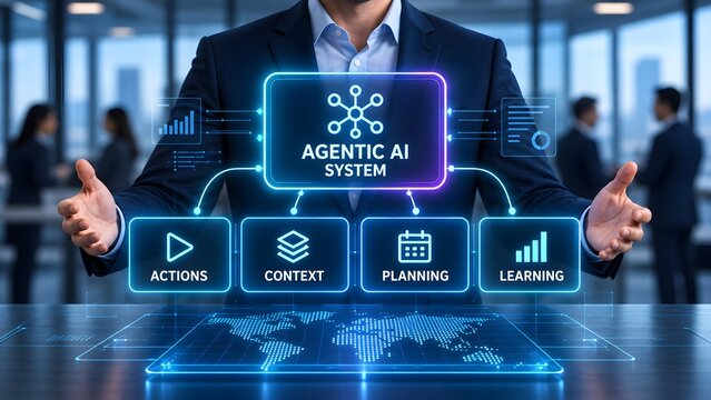 Corporate leadership integrating agentic AI systems for global business strategy with digital planning and machine learning modules