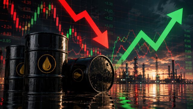 Oil barrels in the foreground with a refinery at sunset and contrasting red and green stock market arrows reflecting fluctuating oil prices.
