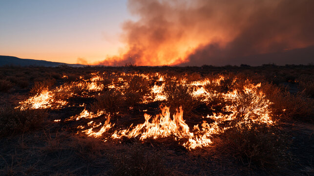 Dry Vegetation Burning in Multiple Fire Lines Across a Rural Landscape