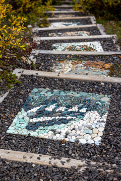 A close up view of beautiful decorative tiled garden steps, taken at Bow Lake.