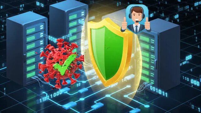 glowing green shield protecting server towers from red viral pathogen in digital data center environment with flowing binary code background symbols