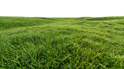 Fototapeta premium Green grass field with rolling hills and a white sky background for natural landscape design