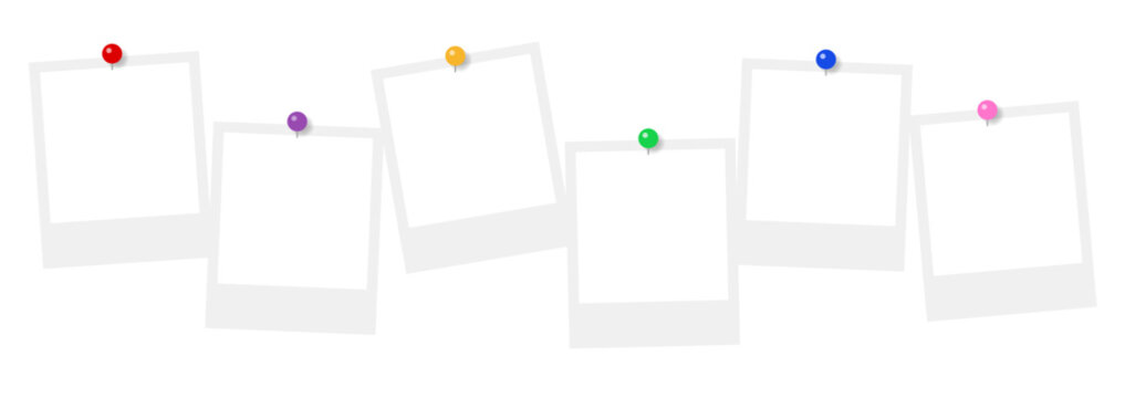 ピンで留めたインスタント写真6枚の横長フォトフレーム背景