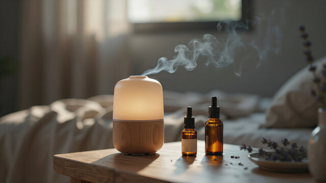 Essential oil diffuser releasing mist with amber bottles on a wooden table in bedroom with dropper bottles lavender next glass dropper diffuser sits aromatherapy