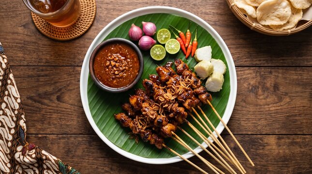 Authentic Indonesian chicken satay sate ayam served with peanut sauce on banana leaf - traditional Asian food