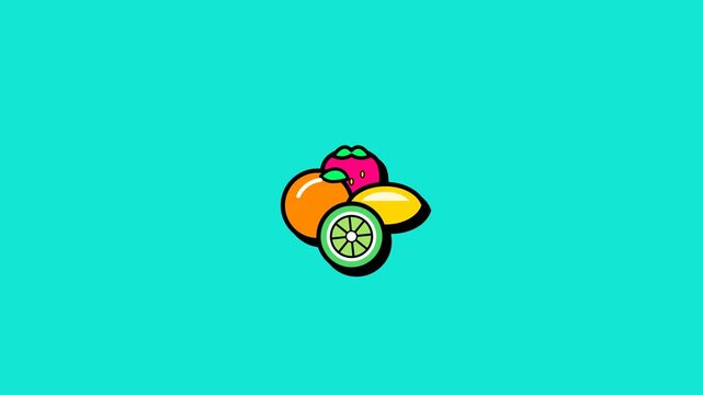 Animated fruit icons converging on cyan