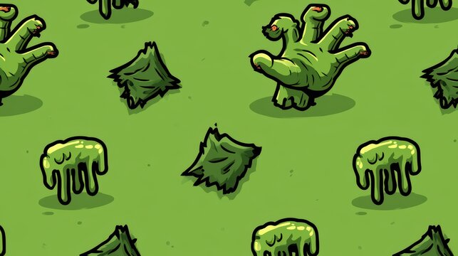 Spooky Halloween-themed Pattern with Green Zombies Hands and Nighttime Elements for Seasonal and Horror Design Projects