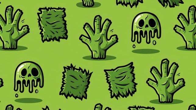 Seamless Pattern of Cartoon Zombie Hands Bones and Broken Plaques on Green Background for Halloween or Spooky Design