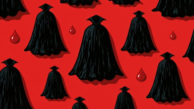 Pattern of mysterious cloaked figures with blood drops on vibrant red background artistic design for Halloween or horror themes