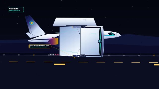 2D animation showing the mechanical operation of a jet engine thrust reverser during aircraft landing including airflow deflection spoiler deployment and braking telemetry