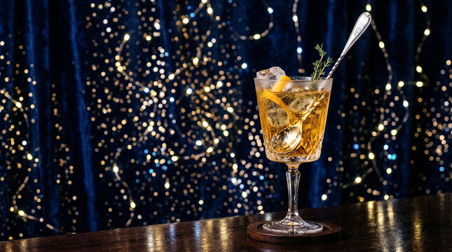 Elegant cocktail glass with ice and garnish against a festive blue bokeh light background.