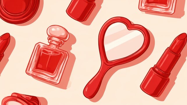 Pattern of various red beauty and makeup items including lipstick perfume mirror and brush on soft pink background
