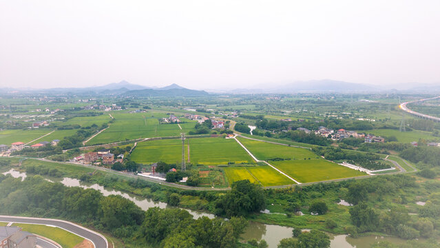 Aerial View of Lush Green Farmland and Rural Villages With Distant Hills