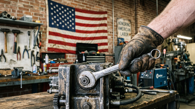 Labor Day Work Concept with Gloved Hand Gripping Wrench and American Flag