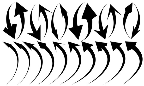 various forms of curved arrows, turn signals, growth signals and direction indicators with different arrow head shapes, vector
