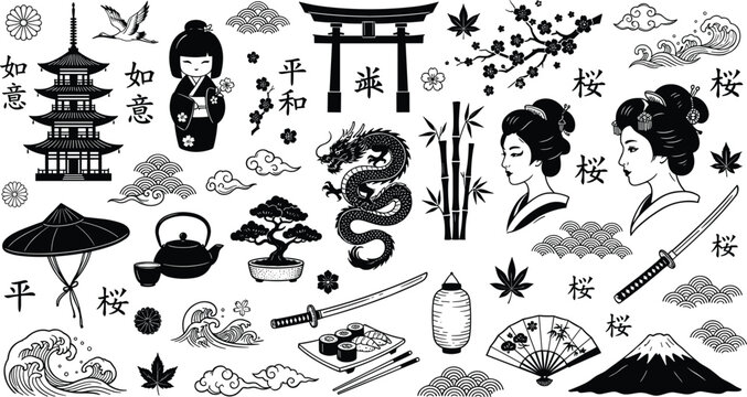 Traditional Japan culture silhouette elements collection featuring geisha dragon torii gate pagoda fuji mountain katana and bonsai tree