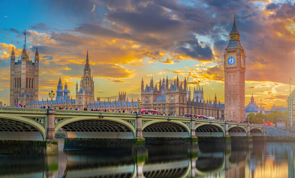 Big Ben and Houses of Parliament at Sunset in London, UK