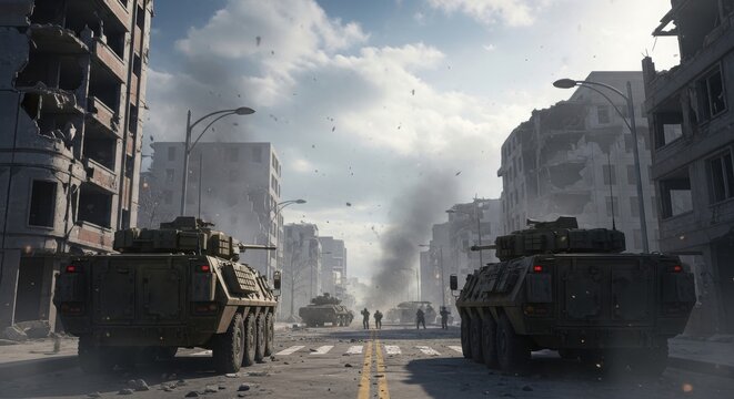 Military armored vehicles driving down a city street lined with destroyed with crumbling apartment buildings vehicles navigate with sky filled smoke