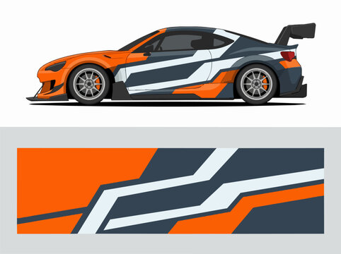Orange and gray sports car with racing decals and rear wing