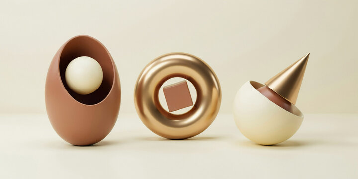 Abstract 3D geometric sculptures with spheres, torus, and cones in gold and brown tones