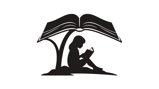 Silhouette of a child reading under an open book canopy, isolated on white