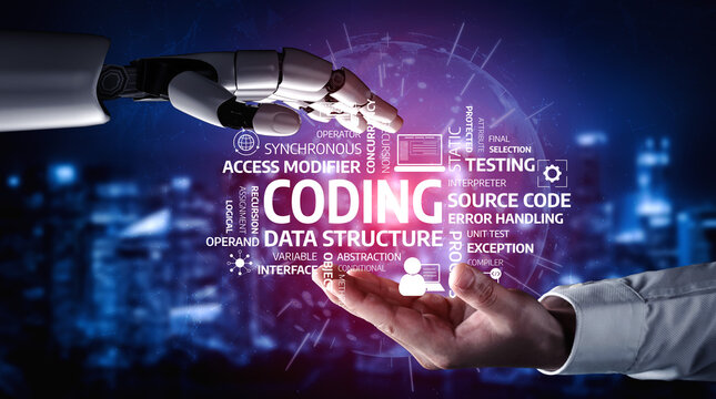 A striking image of a robotic hand and a human hand connecting, surrounded by keywords related to coding and programming, symbolizing tech collaboration and innovation. Tessel
