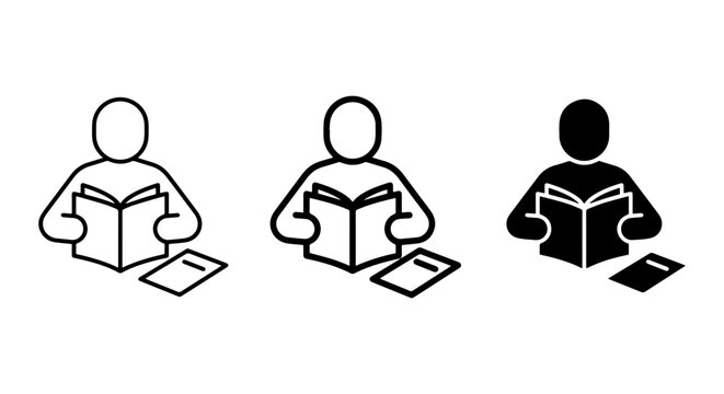 Reading Person Icons, Book Study Symbols, Education Knowledge Vector Set