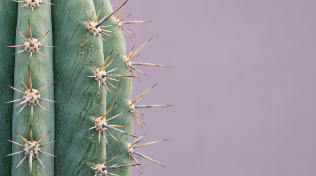 Blue columnar cactus stem with sharp spines on lilac background