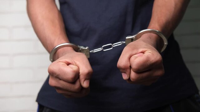 Close up of arrested man in handcuffs struggling and shaking hands in front of white brick wall background
