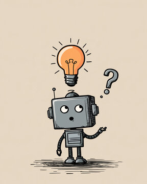 Robot Idea Light Bulb: A charming, hand-drawn illustration of a retro robot standing under a glowing light bulb, contemplating a question mark, symbolizing a moment of inspiration and curiosity.