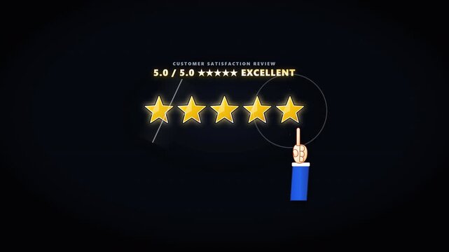 Five Star Rating With Hand A hand clicking on a five star rating symbol animation 4k animation